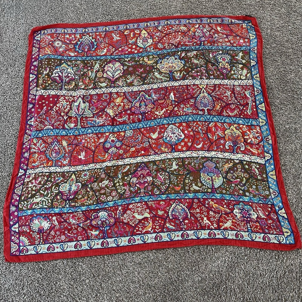 Hermes 2016 Shawl Scarf "Au Pays Des Oiseaux Fleurs" Red Cashmere Silk France - Picture 2 of 6